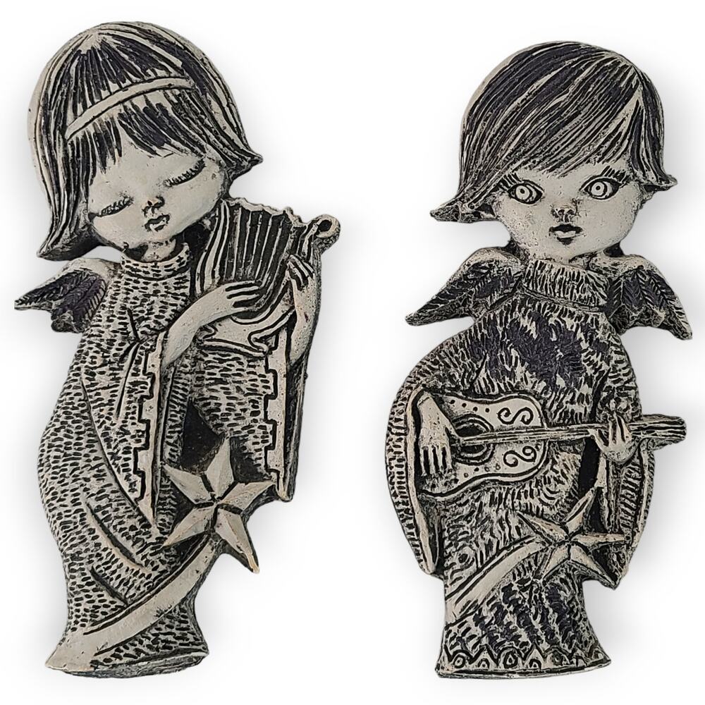 Vintage 70s pair of resin boy girl angels guitar harp wall decor